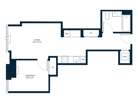 Floor plan for 1 bed, 1 bath, 549 sqft